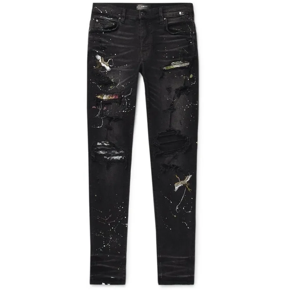 AMIRI Skinny-Fit Appliquéd Paint-Splatter Distressed Stretch-Denim Jean Black 28